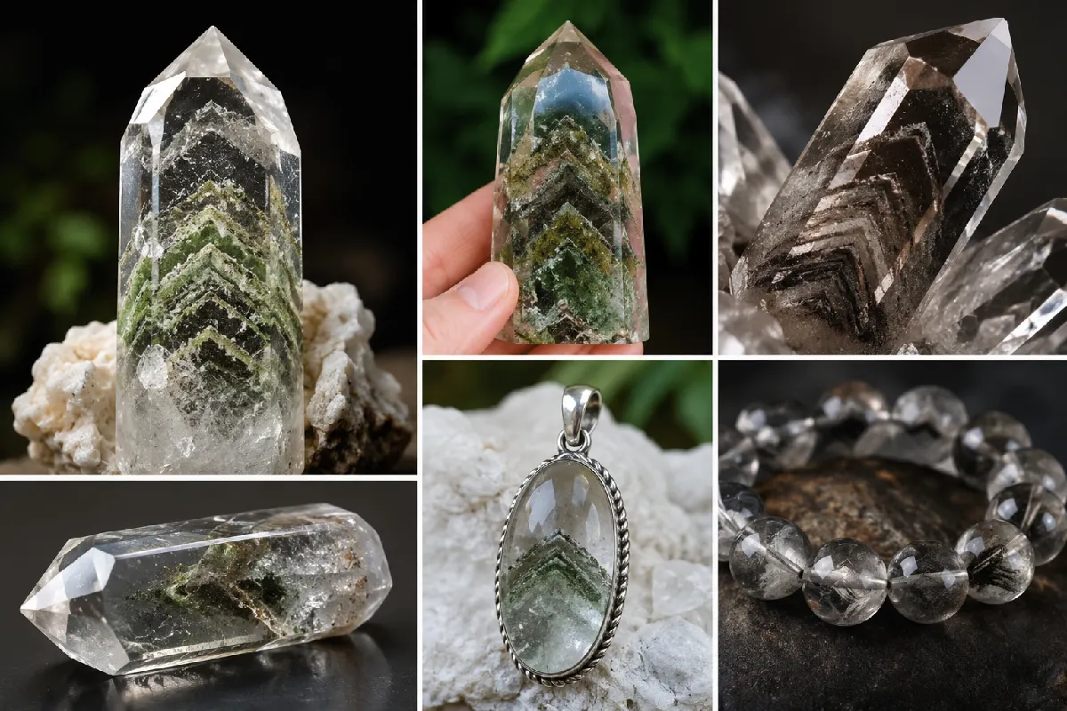 انواع سنگ شبح Phantom Quartz با لایههای سبز، دودی و تیره