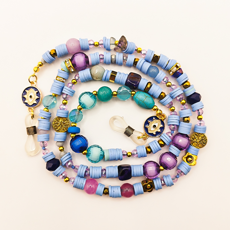 بند عینک سنگ و مهره عقیق،آمتیست، فیموهای مات، کریستال و گویچه های طلایی بلتا گالری مدل باتا 2 بند عینک دخترانه فانتزی آبی و بنفش با سنگ عقیق