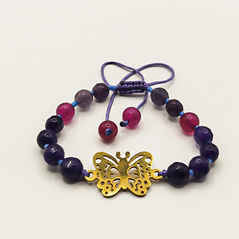 دستبند سنگ عقیق بنفش و سرخابی پلاک پروانه بلتا گالری مدل دایانا 7 دستبند بنفش زنانه مدل دایانا