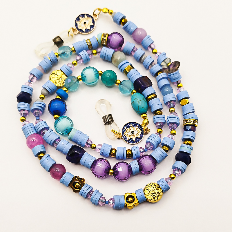 بند عینک سنگ و مهره عقیق،آمتیست، فیموهای مات، کریستال و گویچه های طلایی بلتا گالری مدل باتا 12 بند عینک دخترانه با سنگهای بنفش آمتیست