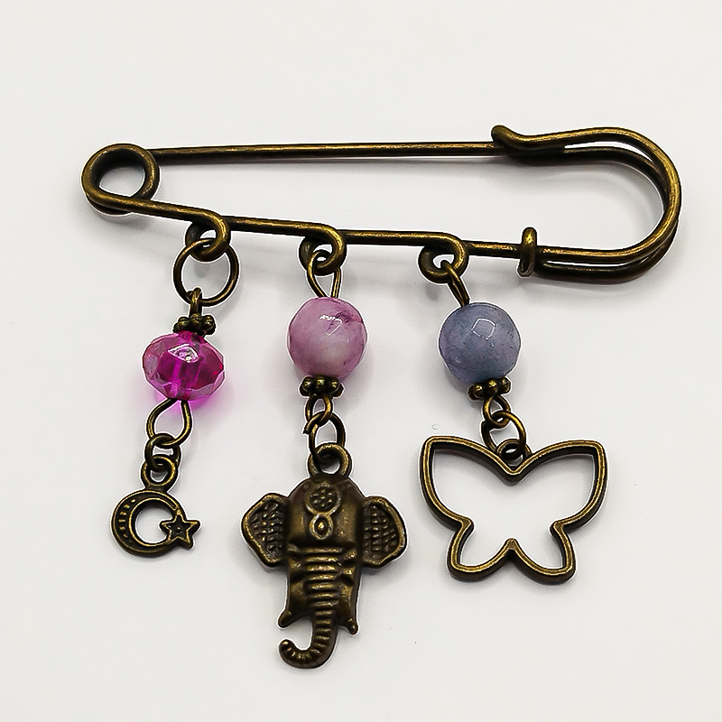 سنجاق سینه برنزی سنگ عقیق آنتیک با آویز ماه و ستاره