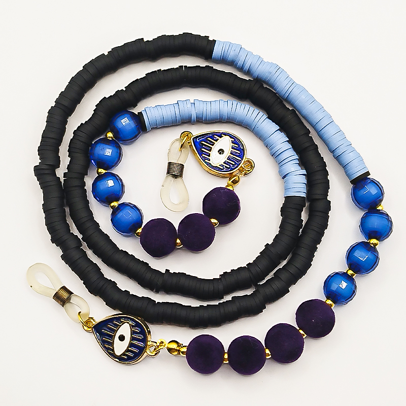 بند عینک فیمو مشکی و آبی آسمانی بلتا گالری مدل فروغ 12 بند عینک ترکیب فیمو و کریستال آبی