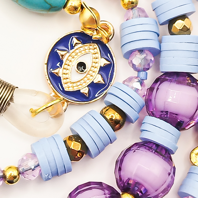 بند عینک سنگ و مهره عقیق،آمتیست، فیموهای مات، کریستال و گویچه های طلایی بلتا گالری مدل باتا 10 بند عینک اسپرت دخترانه با ترکیب رنگ مدرن