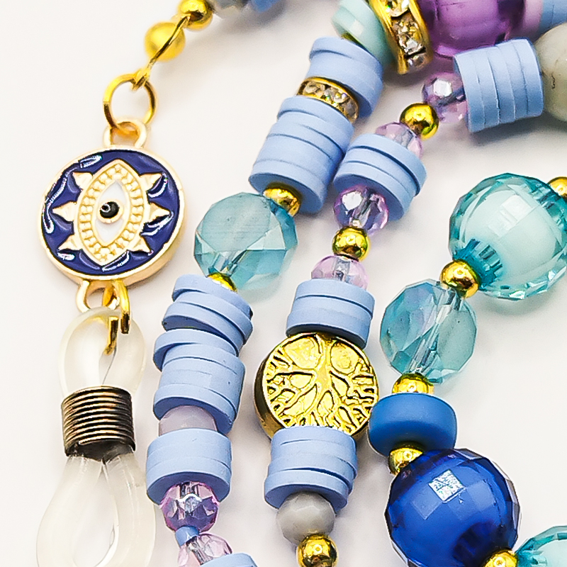 بند عینک سنگ و مهره عقیق،آمتیست، فیموهای مات، کریستال و گویچه های طلایی بلتا گالری مدل باتا 8 بند عینک اسپرت دخترانه با مهرههای مات و طلایی