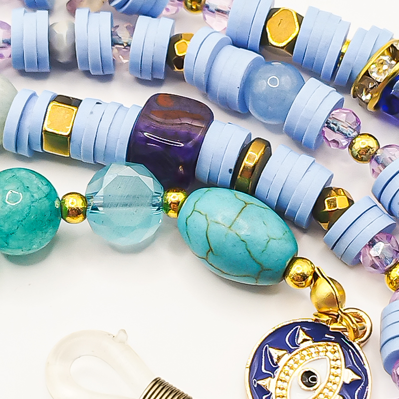 بند عینک سنگ و مهره عقیق،آمتیست، فیموهای مات، کریستال و گویچه های طلایی بلتا گالری مدل باتا 7 بند عینک دخترانه با سنگ فیروزه طبیعی