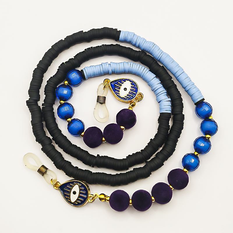 بند عینک فیمو مشکی و آبی آسمانی بلتا گالری مدل فروغ 18 بند عینک دخترانه آبی و مشکی با مهره کریستالی