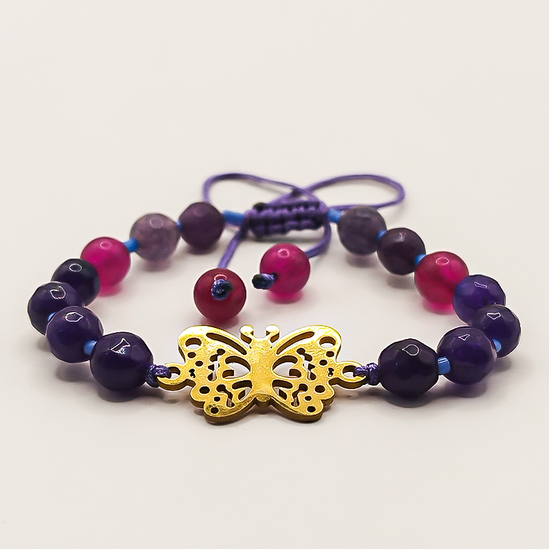 دستبند سنگ عقیق بنفش و سرخابی پلاک پروانه بلتا گالری مدل دایانا 16 دستبند بنفش و سرخابی با نخ قابل تنظیم