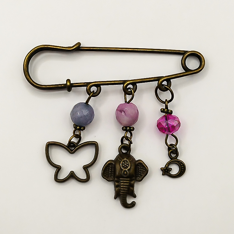 سنجاق سینه برنزی سنگ عقیق و آویز فیل بلتاگالری مدل فریماه 3 سنجاق فلزی با مهرههای درخشان و آویزهای هنری