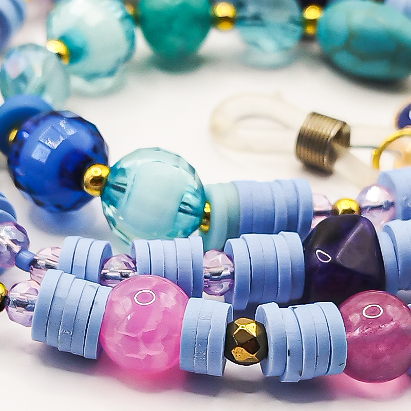 بند عینک سنگ و مهره عقیق،آمتیست، فیموهای مات، کریستال و گویچه های طلایی بلتا گالری مدل باتا 18 بند عینک اسپرت دخترانه مناسب هدیه