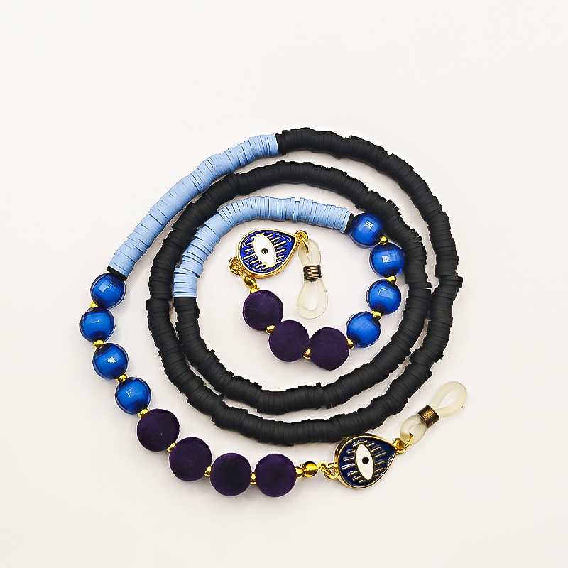 بند عینک فیمو مشکی و آبی آسمانی بلتا گالری مدل فروغ 7 بند عینک با مهره کریستالی تراشدار مشکی و آبی