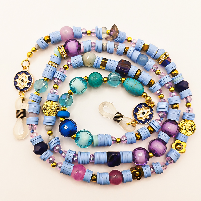 بند عینک سنگ و مهره عقیق،آمتیست، فیموهای مات، کریستال و گویچه های طلایی بلتا گالری مدل باتا 3 بند عینک اسپرت دخترانه با مهرههای فیروزهای و طلایی