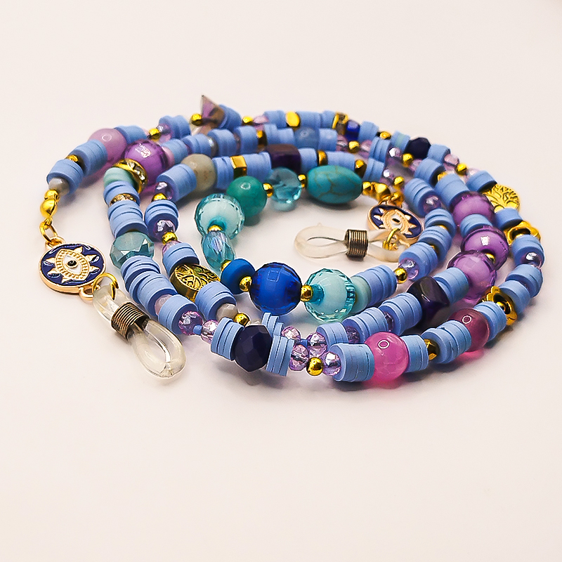 بند عینک سنگ و مهره عقیق،آمتیست، فیموهای مات، کریستال و گویچه های طلایی بلتا گالری مدل باتا 20 بند عینک دخترانه فانتزی با فیموهای مات