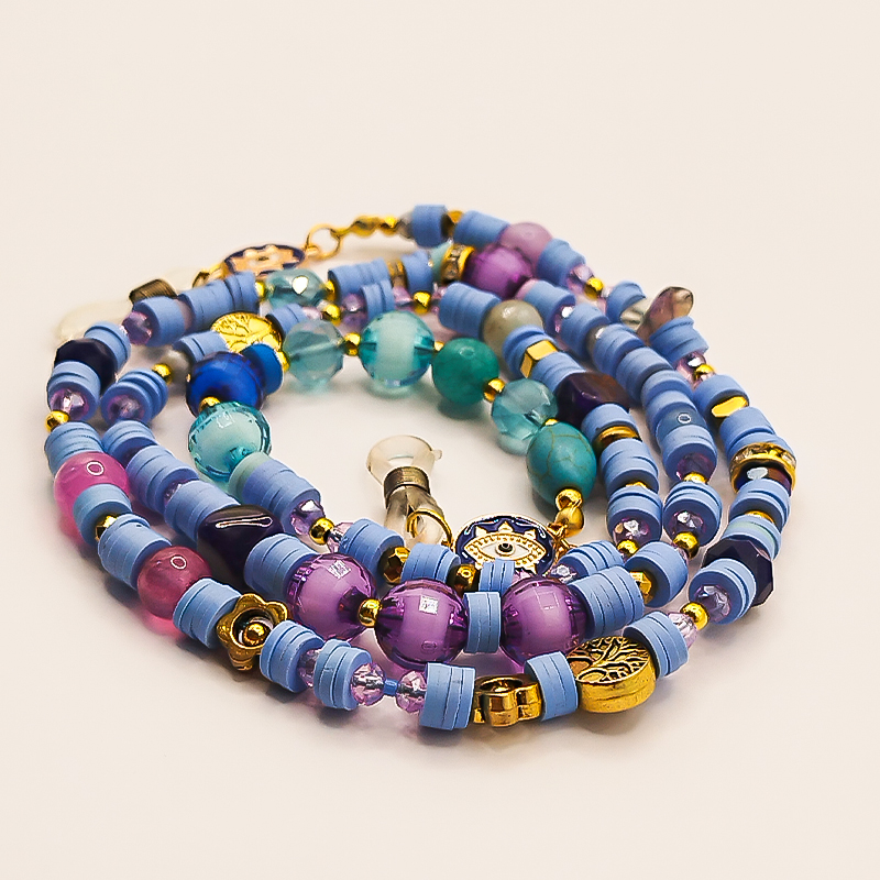 بند عینک سنگ و مهره عقیق،آمتیست، فیموهای مات، کریستال و گویچه های طلایی بلتا گالری مدل باتا 21 بند عینک اسپرت دخترانه طلایی آبی