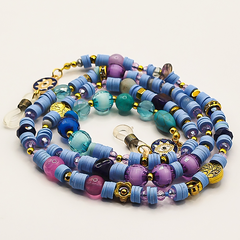 بند عینک سنگ و مهره عقیق،آمتیست، فیموهای مات، کریستال و گویچه های طلایی بلتا گالری مدل باتا 22 بند عینک دخترانه با سنگهای نیمهقیمتی