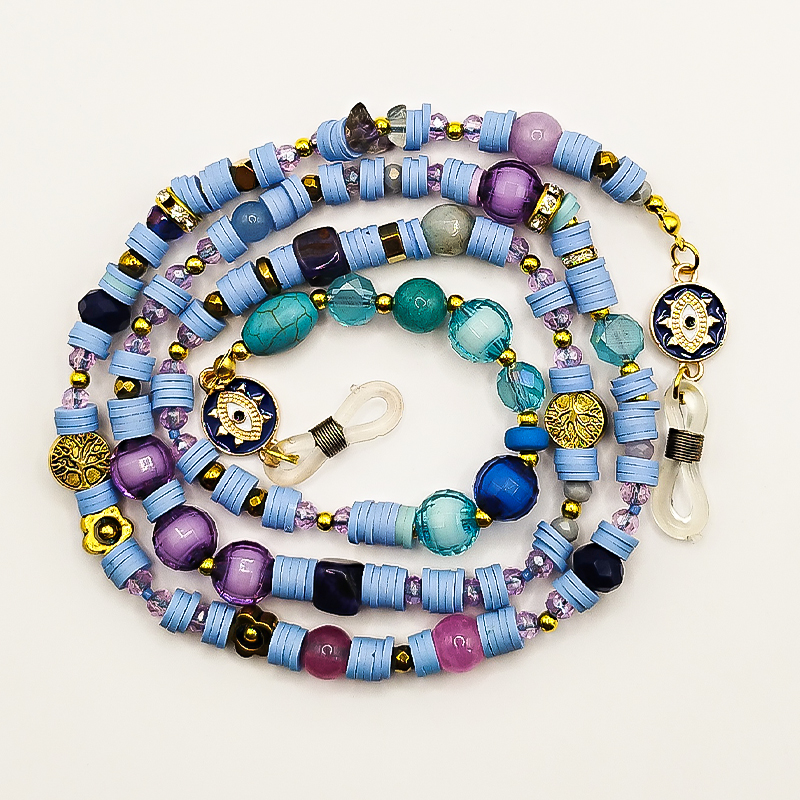 بند عینک سنگ و مهره عقیق،آمتیست، فیموهای مات، کریستال و گویچه های طلایی بلتا گالری مدل باتا 23 بند عینک فانتزی با چشم نظر طلایی