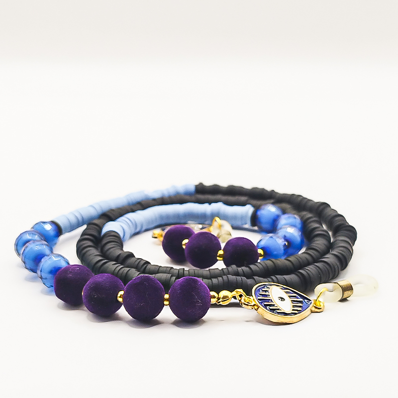 بند عینک فیمو مشکی و آبی آسمانی بلتا گالری مدل فروغ 25 بند عینک دخترانه کریستالی با رنگ آبی روشن