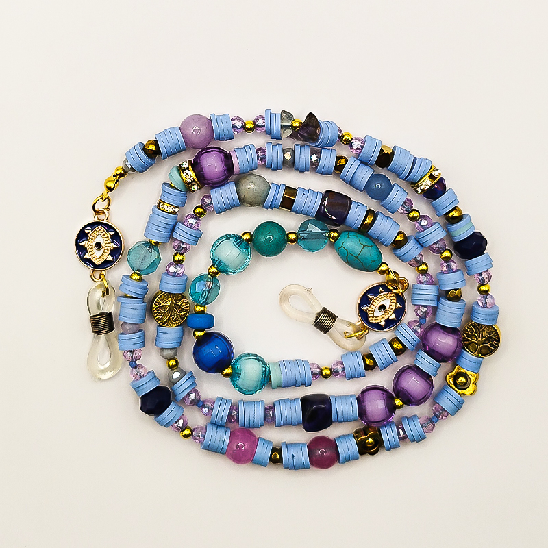 بند عینک سنگ و مهره عقیق،آمتیست، فیموهای مات، کریستال و گویچه های طلایی بلتا گالری مدل باتا 24 بند عینک اسپرت دخترانه با مهرههای کوچک طلایی