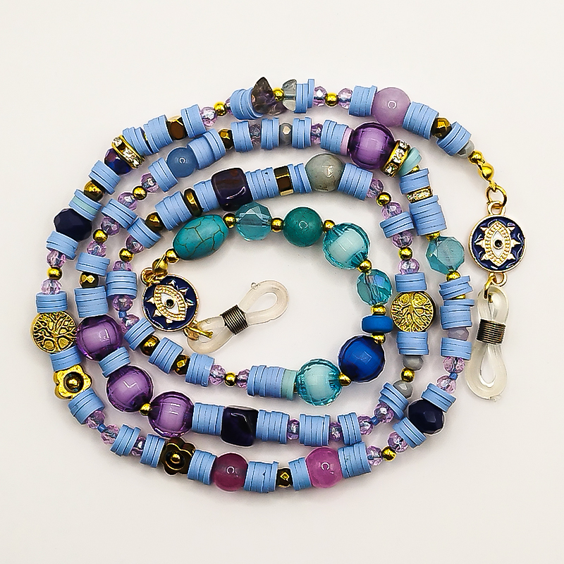 بند عینک سنگ و مهره عقیق،آمتیست، فیموهای مات، کریستال و گویچه های طلایی بلتا گالری مدل باتا 26 بند عینک دخترانه فانتزی آبی و بنفش با سنگ عقیق