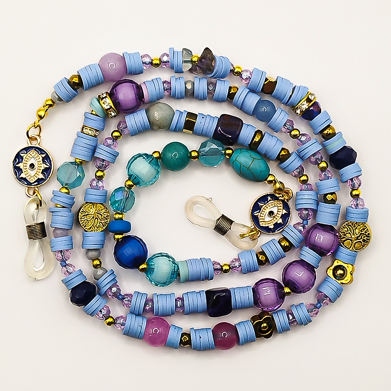 بند عینک اسپرت دخترانه با مهره‌های فیروزه‌ای و طلایی