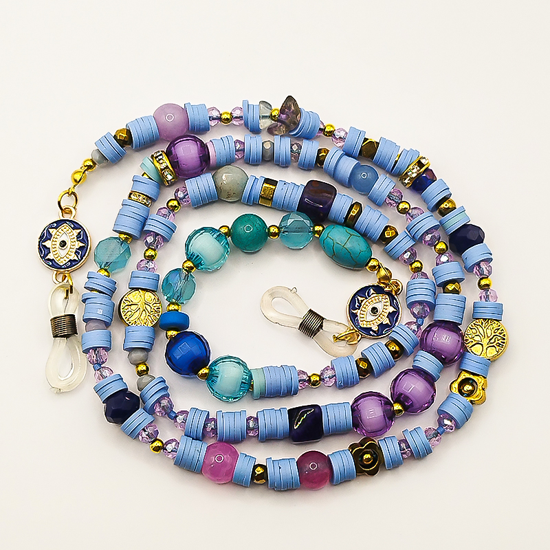 بند عینک سنگ و مهره عقیق،آمتیست، فیموهای مات، کریستال و گویچه های طلایی بلتا گالری مدل باتا 34 بند عینک دخترانه فانتزی با پلاک چشم نظر