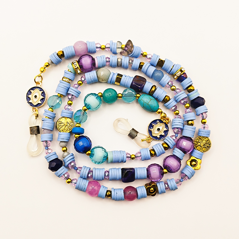 بند عینک سنگ و مهره عقیق،آمتیست، فیموهای مات، کریستال و گویچه های طلایی بلتا گالری مدل باتا 4 بند عینک دخترانه فانتزی با پلاک چشم نظر