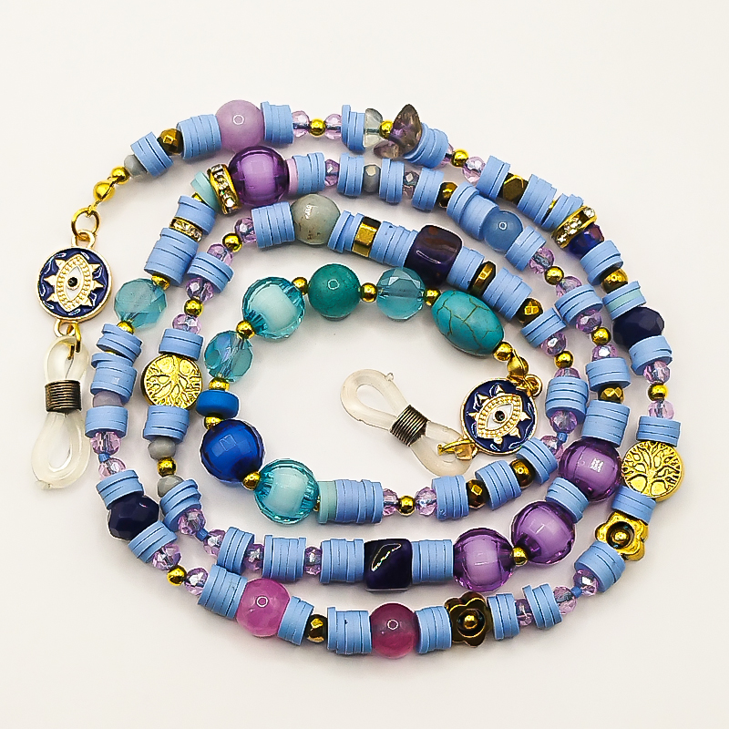 بند عینک سنگ و مهره عقیق،آمتیست، فیموهای مات، کریستال و گویچه های طلایی بلتا گالری مدل باتا 33 بند عینک دخترانه با سنگهای بنفش آمتیست