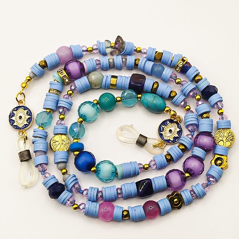 بند عینک سنگ و مهره عقیق،آمتیست، فیموهای مات، کریستال و گویچه های طلایی بلتا گالری مدل باتا 32 بند عینک اسپرت دخترانه با ترکیب رنگ مدرن