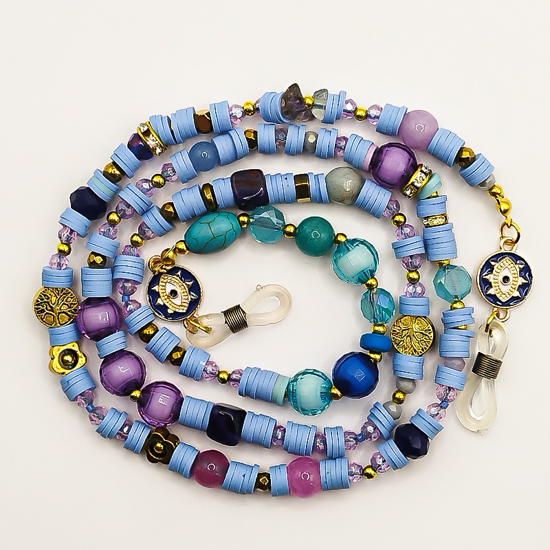 بند عینک سنگ و مهره عقیق،آمتیست، فیموهای مات، کریستال و گویچه های طلایی بلتا گالری مدل باتا 31 بند عینک دخترانه فانتزی آبی کاربنی با کریستال