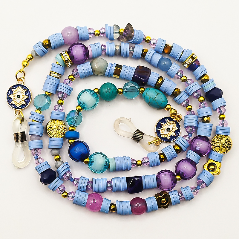 بند عینک سنگ و مهره عقیق،آمتیست، فیموهای مات، کریستال و گویچه های طلایی بلتا گالری مدل باتا 30 بند عینک اسپرت دخترانه با مهرههای مات و طلایی