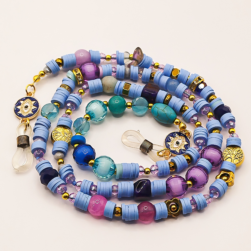 بند عینک سنگ و مهره عقیق،آمتیست، فیموهای مات، کریستال و گویچه های طلایی بلتا گالری مدل باتا 29 بند عینک فانتزی با ترکیب رنگ یاسی و آبی آسمانی