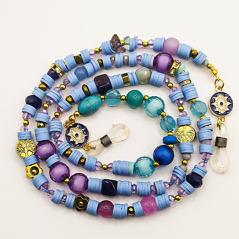 بند عینک سنگ و مهره عقیق،آمتیست، فیموهای مات، کریستال و گویچه های طلایی بلتا گالری مدل باتا 28 بند عینک دخترانه با سنگ فیروزه طبیعی