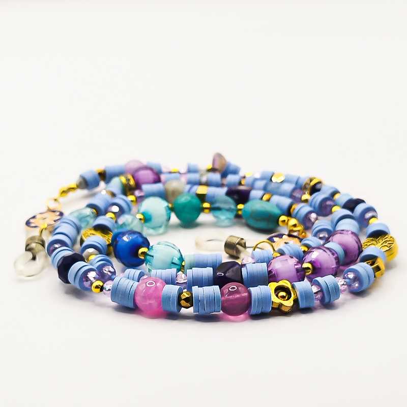 بند عینک سنگ و مهره عقیق،آمتیست، فیموهای مات، کریستال و گویچه های طلایی بلتا گالری مدل باتا 27 بند عینک اسپرت دخترانه با مهرههای کوچک رنگی