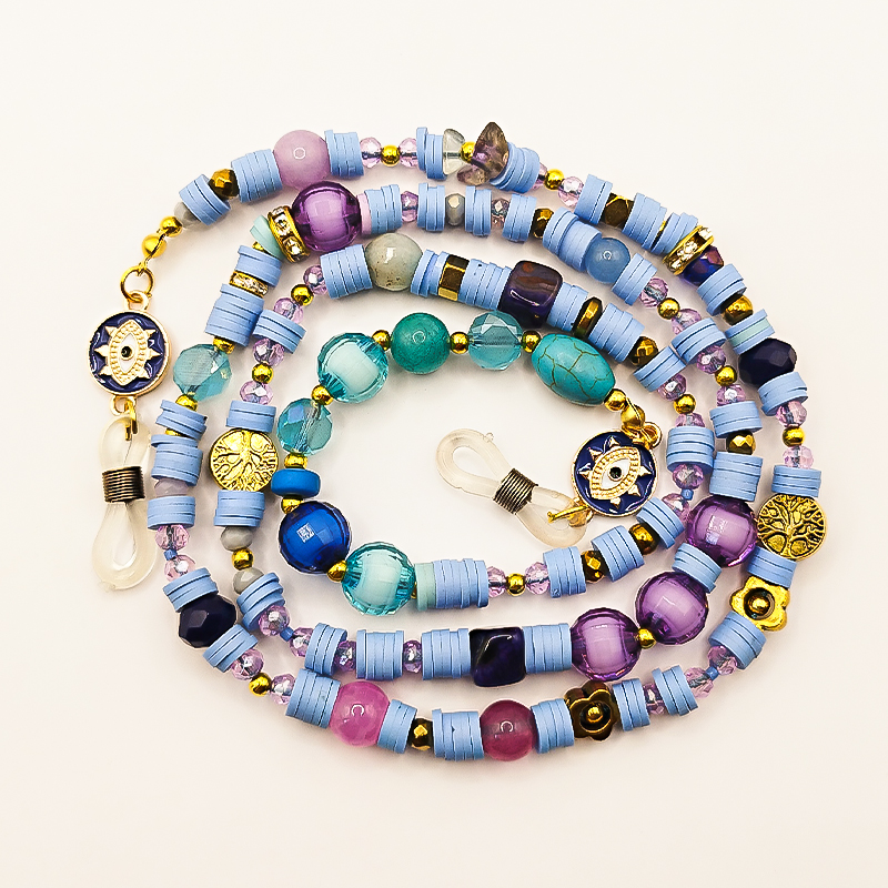 بند عینک سنگ و مهره عقیق،آمتیست، فیموهای مات، کریستال و گویچه های طلایی بلتا گالری مدل باتا 25 بند عینک فانتزی با مهرههای بنفش و آبی تیره