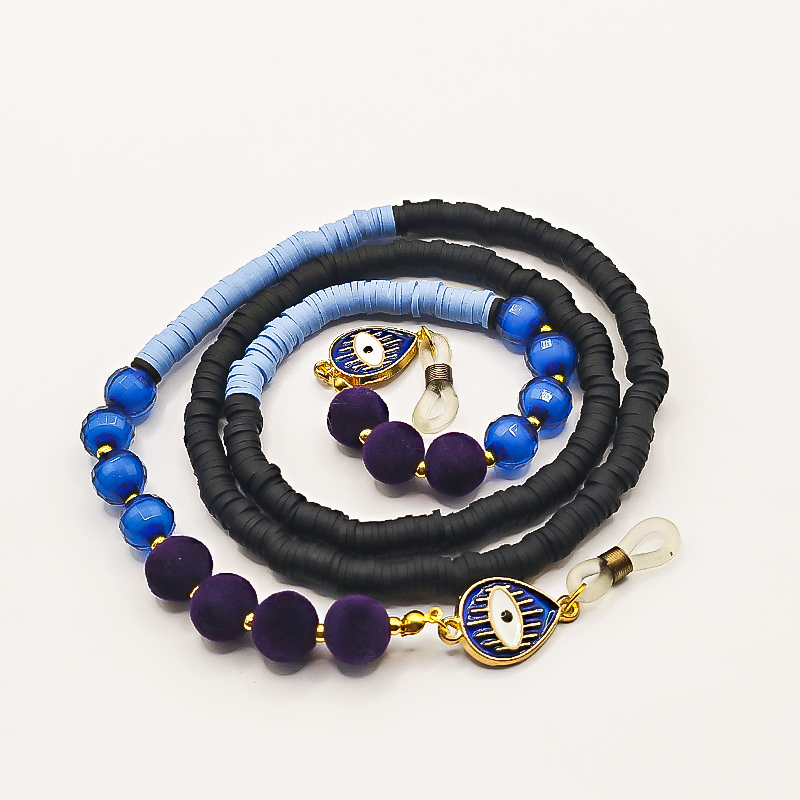 بند عینک فیمو مشکی و آبی آسمانی بلتا گالری مدل فروغ 3 بند عینک خاص با فیمو آبی و مهرههای تراشدار