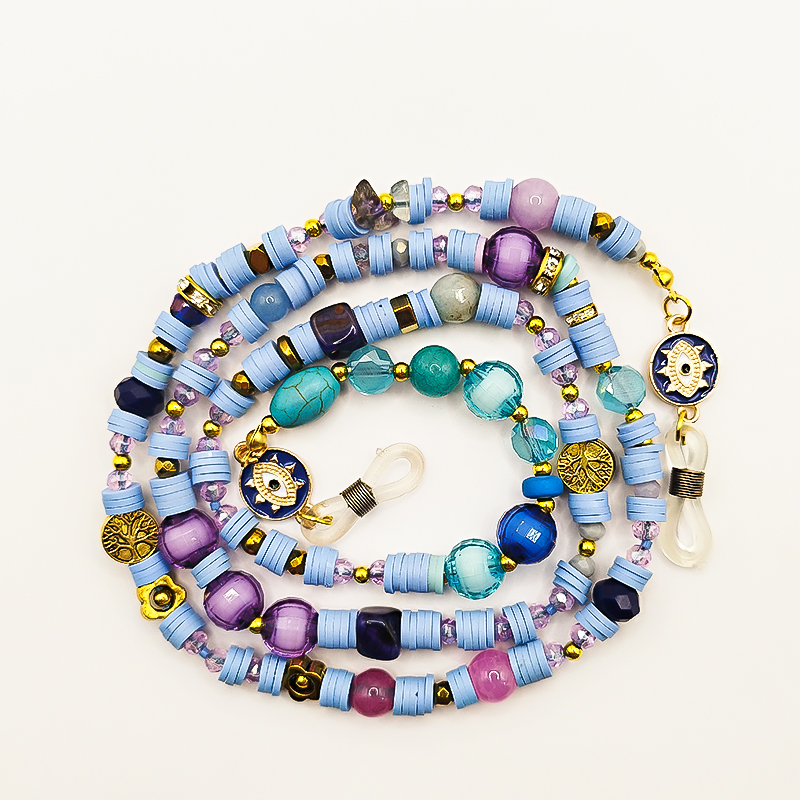 بند عینک سنگ و مهره عقیق،آمتیست، فیموهای مات، کریستال و گویچه های طلایی بلتا گالری مدل باتا 5 بند عینک دخترانه با سنگهای بنفش آمتیست