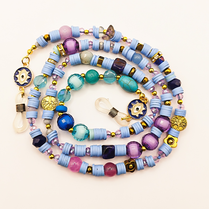 بند عینک سنگ و مهره عقیق،آمتیست، فیموهای مات، کریستال و گویچه های طلایی بلتا گالری مدل باتا 15 بند عینک اسپرت دخترانه با ترکیب رنگ مدرن