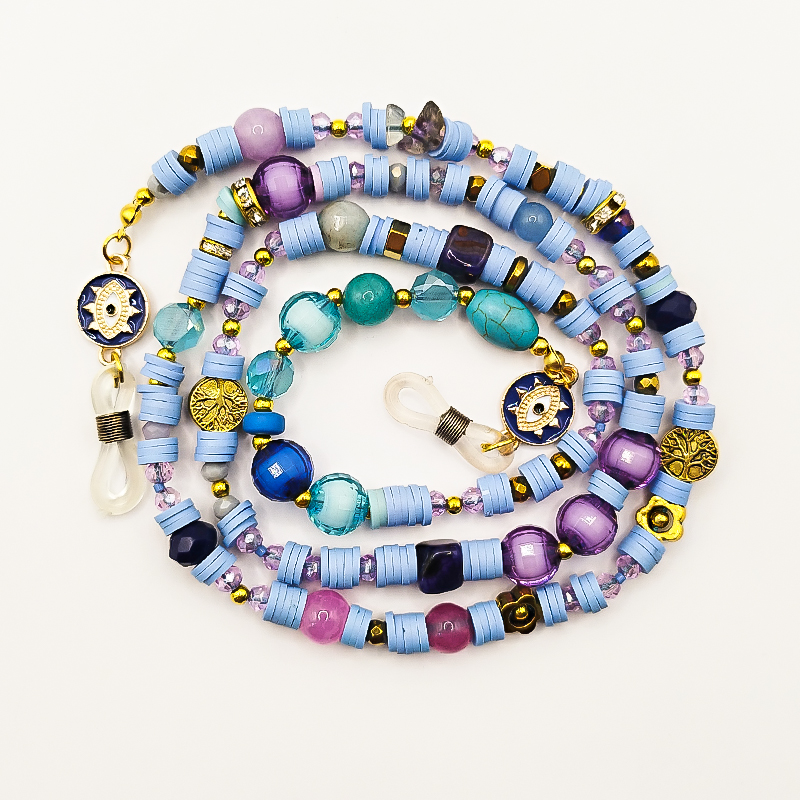 بند عینک سنگ و مهره عقیق،آمتیست، فیموهای مات، کریستال و گویچه های طلایی بلتا گالری مدل باتا 14 بند عینک دخترانه فانتزی آبی و بنفش با سنگ عقیق