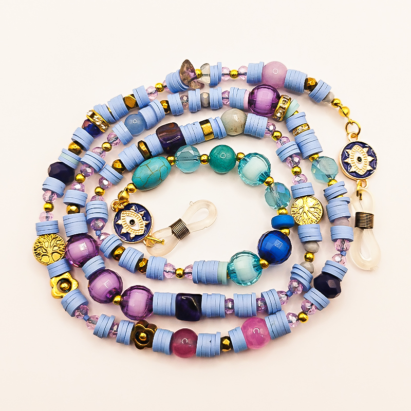 بند عینک سنگ و مهره عقیق،آمتیست، فیموهای مات، کریستال و گویچه های طلایی بلتا گالری مدل باتا 13 بند عینک اسپرت دخترانه با مهرههای فیروزهای و طلایی