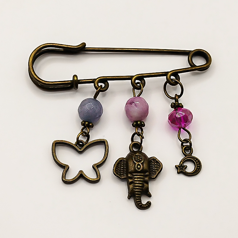 سنجاق سینه برنزی سنگ عقیق و آویز فیل بلتاگالری مدل فریماه 8 سنجاق فلزی رنگ برنز با سه مهره و آویز