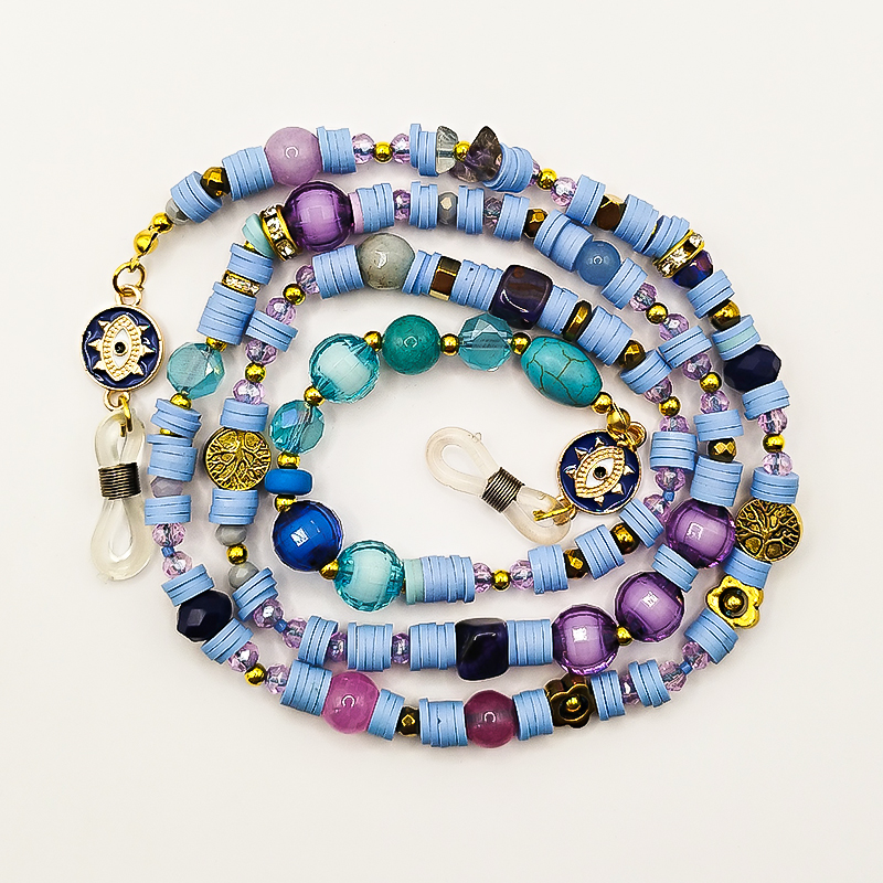 بند عینک سنگ و مهره عقیق،آمتیست، فیموهای مات، کریستال و گویچه های طلایی بلتا گالری مدل باتا 11 بند عینک دخترانه فانتزی با پلاک چشم نظر